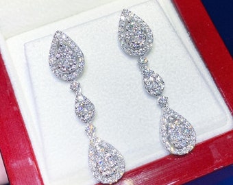 1.64TCW PEAR Cut Diamond Illusion Natural 18K solid white gold handmade earrings dangling wedding gift teardrop invisible chandelier