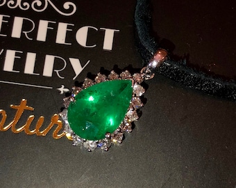 Natuurlijk 5.00TCW Emerald & Diamonds 18K massief witgouden handgemaakte hanger ketting estate vintage Zambiaanse Colombiaanse sieraden cadeau peer halo