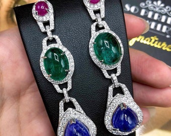 HUGE 38.05TCW Tanzanite Emerald Ruby VS Diamond in 18K solid WHITE gold handmade earrings dangle chandelier Zambian sapphire Tri-color three