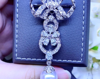 SOUTH SEA Pearl Art Deco Diamonds 18K Solid white Gold 1920's vintage bow pendant brooch pendant pin huge estate VS genuine natural ribbon