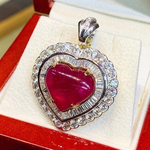 HUGE! 11.39TCW BURMESE RUBY & Diamonds in 18K solid yellow gold pendant necklace certified natural burma pink red chain huge heart vintage