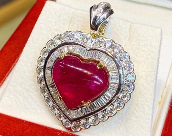 ¡ENORME! Collar con colgante de rubí birmano de 11,39 quilates y diamantes en oro amarillo macizo de 18 quilates, cadena rosa roja de Birmania natural certificada, corazón vintage enorme.