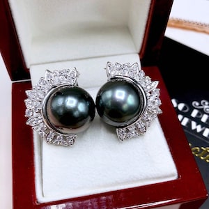 HUGE Black South Sea Pearls VS Diamonds In 18K Solid White Gold Earrings handmade Studs cocktail authentic natural tahiti dinner cluster