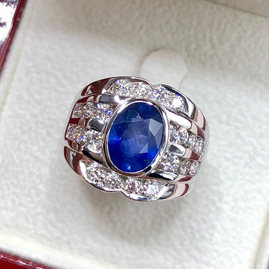 3.42TCW MENS Natural Ceylon Blue Sapphire & Diamonds in Handmade 18K ...