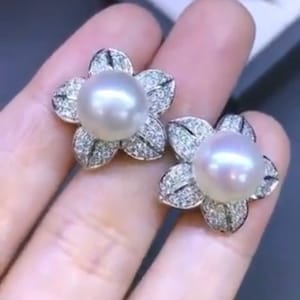 12 mm Authentic White South Sea Pearls & Diamonds In 18K Solid Yellow Gold Earrings handmade custom-made dangle drop studs natural wedding