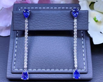 STUNNING 5.74TCW CEYLON Blue Sapphire & VS diamonds in 18K solid white gold handmade earrings natural dangle chandelier wedding cornflower