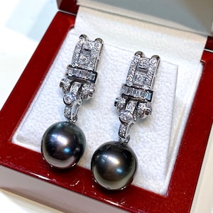 13mm TAHITIAN Black South Sea Pearls & Diamonds 18K Solid White Gold Earrings handmade bridal maid dangle drop party cocktail wedding bride