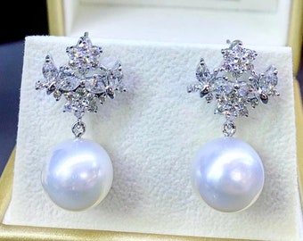 GORGEOUS! White South Sea Pearls VVS Diamonds In 18K Solid White Gold Earrings handmade dangle drop modern authentic natural golden fancy