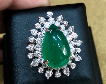 HUGE 11.71TCW Emerald & Diamonds handmade 18K Solid White gold handmade ring vintage estate pear zambian cabochon natural green engagement