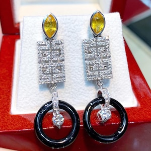 UNIQUE 2.12TCW Onyx diamond handmade bridal dangle drop chandelier dangling party cocktail wedding black white gold earrings yellow sapphire