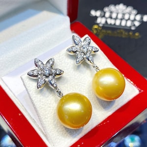 13mm Authentic Golden South Sea Pearls & Diamonds In 18K Solid White Gold Earrings handmade custom-made dangle drop party cocktail wedding