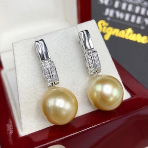 GOLDEN! South Sea 13mm Pearl 0.16 Diamonds In 18K Solid white Gold Earrings handmade drop dangling chandelier wedding estate natural yellow