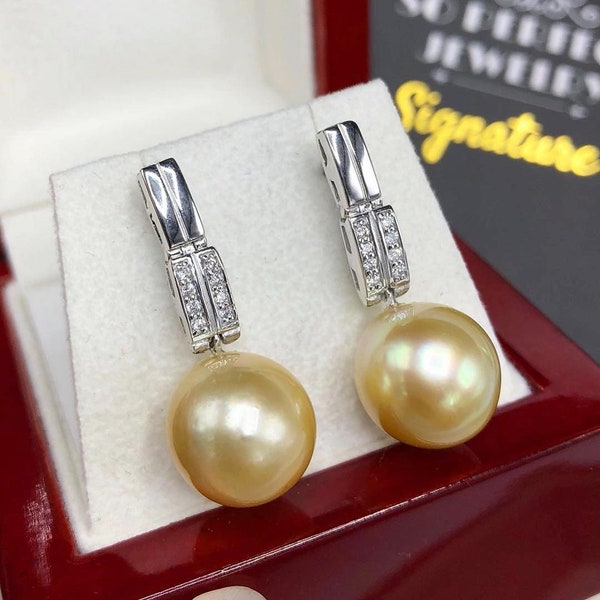 GOLDEN! South Sea 13mm Pearl 0.16 Diamonds In 18K Solid white Gold Earrings handmade drop dangling chandelier wedding estate natural yellow