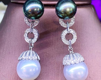 HUGE White South Sea Pearls VS Diamonds In 18K Solid White Gold Earrings dangle drop modern  natural golden black chandelier tahiti genuine