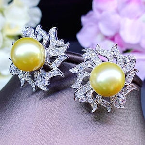 HUGE Golden South Sea Pearls VS Diamonds In 18K Solid White Gold Earrings handmade Studs cocktail authentic natural golden dinner party