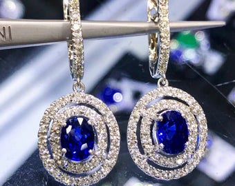 3.62TCW CEYLON Blue Sapphire & VVS diamonds in 18K solid white gold handmade earrings natural dangle chandelier wedding