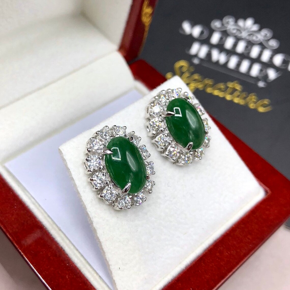 Burmese Jade & VS Diamonds in 18k Solid White Gold Earrings | Etsy