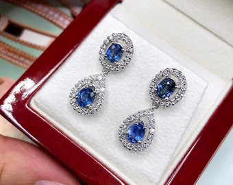 STUNNING 4.36TCW CEYLON Blue Sapphire & VS diamonds in 18K solid white gold handmade earrings natural dangle chandelier wedding cornflower