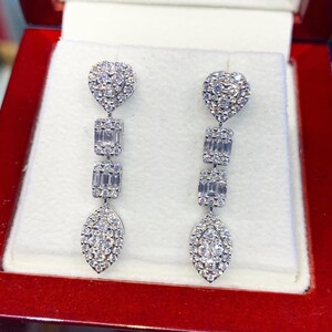 1.25TCW Emerald Cut Diamond Illusion Natural 18K solid white gold handmade earrings dangling wedding gift retacgular invisible chandelier