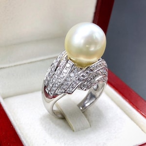 WOW! 13.5mm SOUTH SEA Pearl & 0.49 ct diamonds in 18K handmade solid white gold ring one of a kind handcrafted huge cocktail white australia