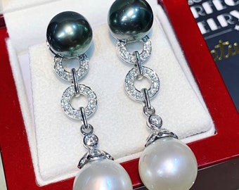 HUGE White South Sea Pearls VS Diamonds In 18K Solid White Gold Earrings dangle drop modern  natural golden black chandelier tahiti genuine