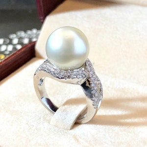 WOW! 12.0mm SOUTH SEA Pearl & 0.63 ct diamonds in 18K handmade solid white gold ring one of a kind handcrafted huge cocktail white australia