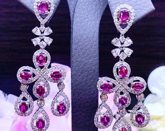 HUGE 9.22TCW Blood Red Ruby Diamonds in 18K solid white gold chandelier floral earrings vintage natural siamese siam burma burmese cocktail