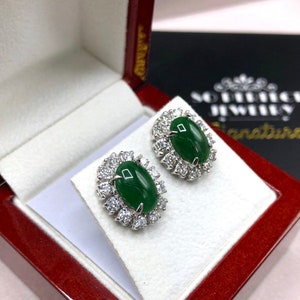 Burmese Jade & VS Diamonds in 18k Solid White Gold Earrings Gemstone ...
