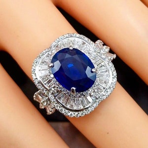BURMESE! 5.52TCW Blue Sapphire Diamonds 18K solid handmade white gold ring engagement wedding natural genuine cornflower ceylon royal burma