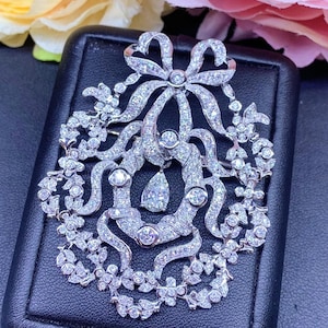 HUGE BROOCH! Art Deco Diamonds 18K Solid white Gold 1920&#39;s victorian vintage bow handmade pear pendant pin estate Edwardian natural ribbon