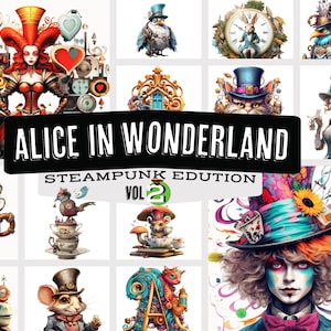 ALICE in WONDERLAND the Steampunk 30 svg Edition Clipart Printable Alice Fairytale png art invitation print, Fantasy Junk Journal Ephemera