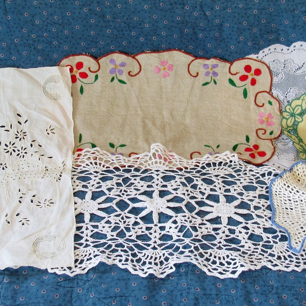 Vintage Doily Lot of 6, Various Types and Shapes, Crocheted, Linen, Embroidered, Cut-work, Small Doilies, White, Ecru and Colorful!