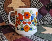 Mod Colorful Birds and Flowers Cup, Tea Cup or Coffee Mug, Vintage Porcelain Enameled Cup Made in Japan, Bright Orange, Royal Blue Green