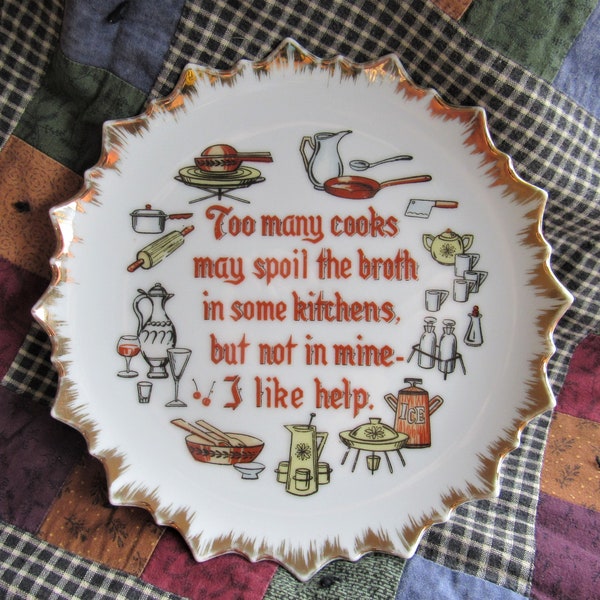 Too Many Cooks .. Help, Vintage Wall Collector Plate, Whimsical Kitchen Sign, Retro 60's or 70's Imagery, Porcelain Plate w Fancy Gold Trim