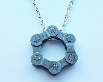 Circular Bicycle Chain Charm on a Silver Chain Necklace Lovely Gift for a Cyclist Cute Diamond Shape Christmas Birthday Upcycle