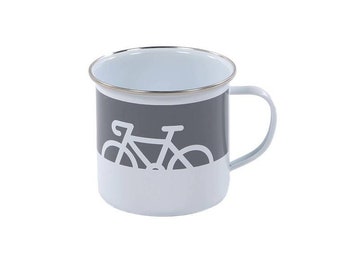 Bicycle pressed steel enamel coated camping mug with road bike design. Tough Enamel coating protects Camping Touring Gift Bike Cycle