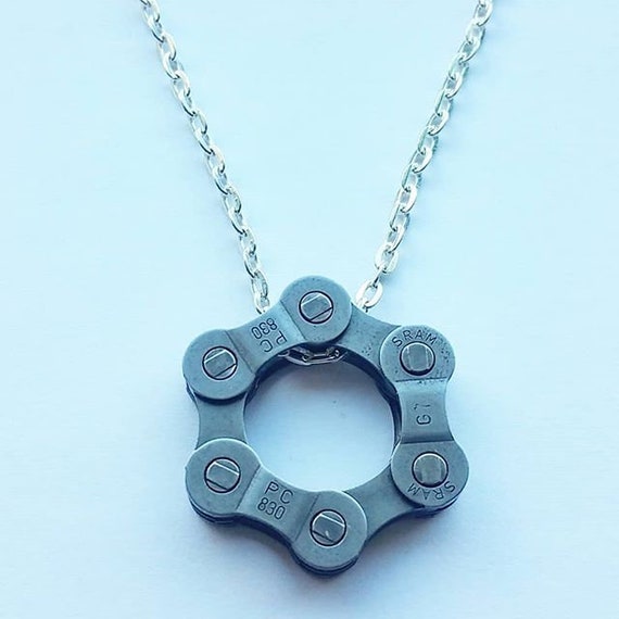 Circular Bicycle Chain Charm on a Silver Chain Necklace Lovely Gift for a Cyclist Cute Diamond Shape Christmas Birthday Upcycle