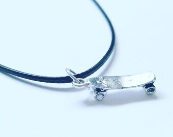 Skateboard Design Necklace on a Black Cord Wonderful Gift for Any Skater or skaterboy Enthusiast Silver Clasp Awesome Birthday Present