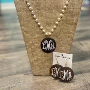 Monogram Necklace & Earring Set | Monogram Wood Earrings | Personalized Pearl Necklace | Custom Jewelry | Monogrammed Jewelry | Necklaces