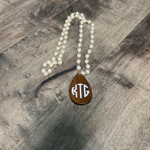 Monogram Necklace & Earring Set | Monogram Wood Earrings | Personalized Pearl Necklace | Tear Drop Jewelry | Monogram Necklace