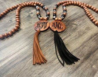 Leopard Monogram Necklace | Wood Bead Tassel Necklace | Monogram Necklace | Personalized Necklaces | Custom Necklaces | Monogram Jewelry