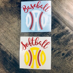 May include: Two square decals. The top one is light blue with the word "Baseball" in red script above a white baseball design with the letters "OHD". The bottom decal is white with "Softball" in red script above a yellow softball design with the letters "OHD".