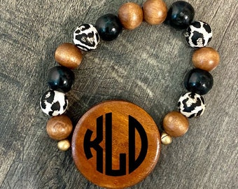 Monogram Bracelet, Monogram Wooden Bead Bracelet, Leopard Monogram Bracelet, Leopard Print Bracelets