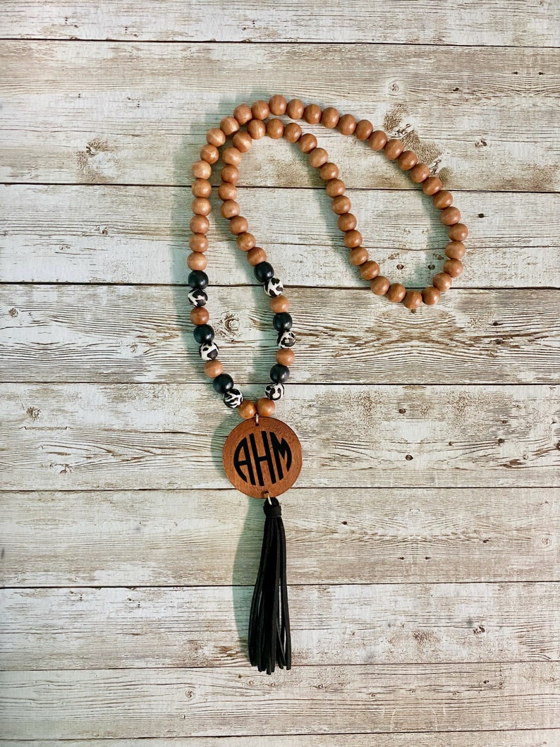 Ahm Initals Leopard Monogram Necklace | Wood Bead Tassel Necklace | Monogram ...