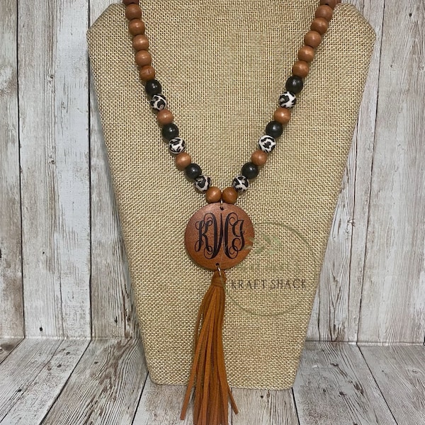 Leopard Monogram Necklace | Wood Bead Tassel Necklace | Monogram Necklace | Personalized Necklaces | Custom Necklaces | Monogram Jewelry