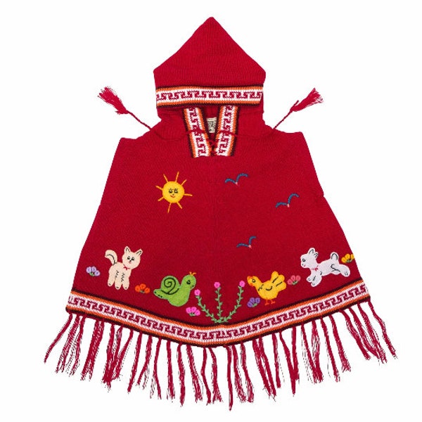 Rote Kinder Ponchos, Kinder Ponchos, handgestrickt, mit Kapuze.