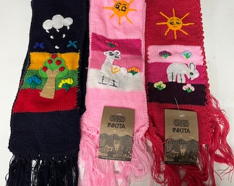 Hand Knitted Children's Character Winter Wool Scarfs . Colourful. Handmade.