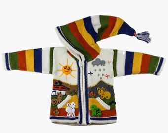 White Rainbow Hand Knitted, Fair Trade Children's Cardigan with Pixie Hood, by INKITA.