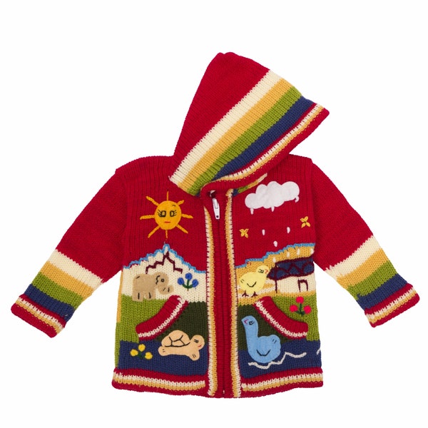 Cardigan pour enfants rouge à capuche, tricoté à la main, commerce équitable, par INKITA.