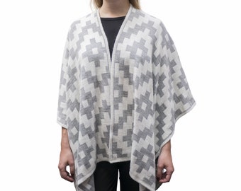 Light Grey and White Romb Beautiful Reversible Handmade Women's Luxury Shawl Cape, Alpaca Wool